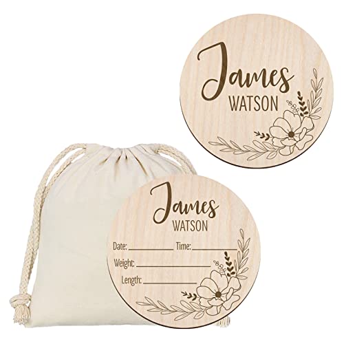 Personalized Birth Announcement Sign Custom Engraved Wooden Newborn Baby Name Announcement Card Round for Newborn Photo Props Hello World Baby Announcement Sign (BAS 04) by Mayyi