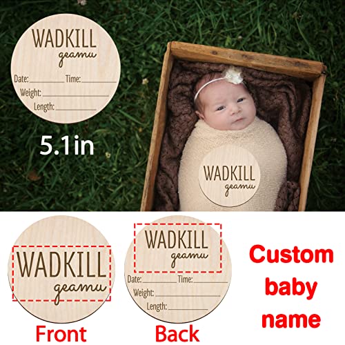 Personalized Birth Announcement Sign Custom Engraved Wooden Newborn Baby Name Announcement Card Round for Newborn Photo Props Hello World Baby Announcement Sign (BAS 04) by Mayyi
