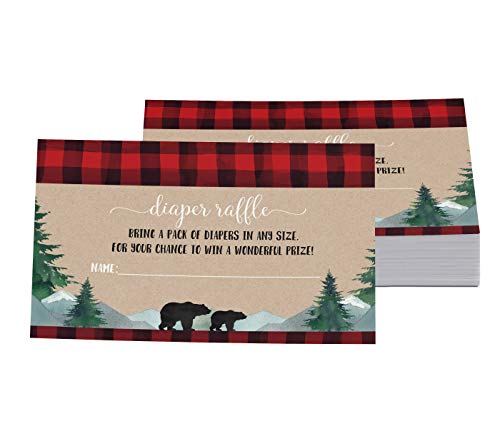 Lumberjack Diaper Raffle Insert Cards (Pack of 25) Boys Baby Shower Games - Invitation Insert for Drawings - Rustic Little Woodsy Bear Designs Red and Black Printed Supplies (2 x 4 Size) Paper Clever Party from Paper Clever Party