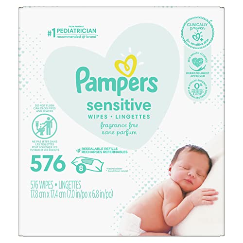 Baby Wipes, Pampers Sensitive Water Based Baby Diaper Wipes, Hypoallergenic and Unscented, 8 Refill Packs (Tub Not Included), 72 each, Pack of 8 (Packaging May Vary) by Procter & Gamble