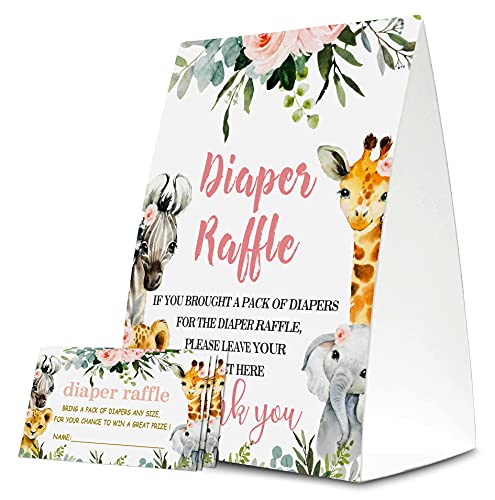 Diaper Raffle Tickets For Baby Shower, Jungle Animal Themed Fill In Invites Cards, 1 Sign & 50 Cards Per Pack â (bb002-niaobu) by Yuansail