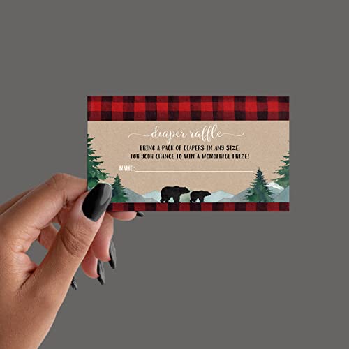 Lumberjack Diaper Raffle Insert Cards (Pack of 25) Boys Baby Shower Games - Invitation Insert for Drawings - Rustic Little Woodsy Bear Designs Red and Black Printed Supplies (2 x 4 Size) Paper Clever Party from Paper Clever Party