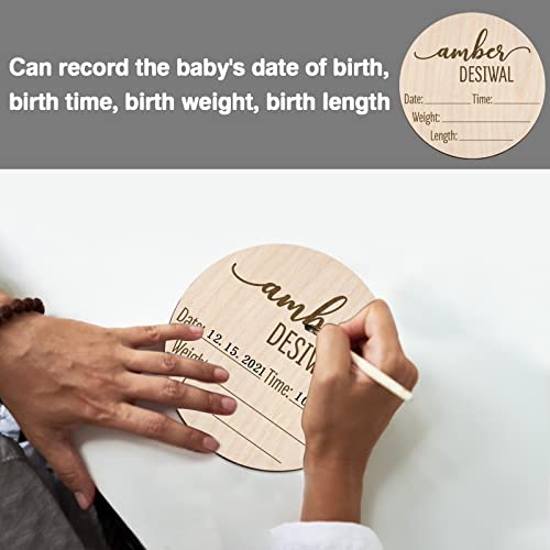 Personalized Birth Announcement Sign Custom Engraved Wooden Newborn Baby Name Announcement Card Round for Newborn Photo Props Hello World Baby Announcement Sign (BAS 04) by Mayyi