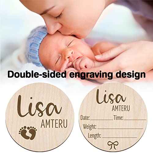 Personalized Birth Announcement Sign Custom Engraved Wooden Newborn Baby Name Announcement Card Round for Newborn Photo Props Hello World Baby Announcement Sign (BAS 04) by Mayyi