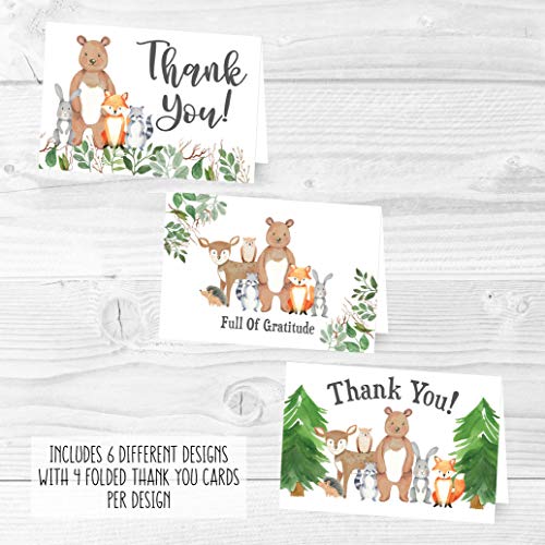 24 Woodland Thank You Cards With Envelopes, Kids or Baby Shower Thank You Note, Rustic Animal Deer or Fox, 4x6 Varied Gratitude Pack For Party, Birthday Boy or Girl Children, Appreciation Stationery from Hadley Designs