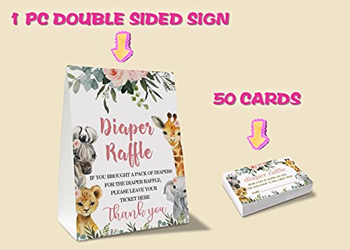 Diaper Raffle Tickets For Baby Shower, Jungle Animal Themed Fill In Invites Cards, 1 Sign & 50 Cards Per Pack â (bb002-niaobu) by Yuansail