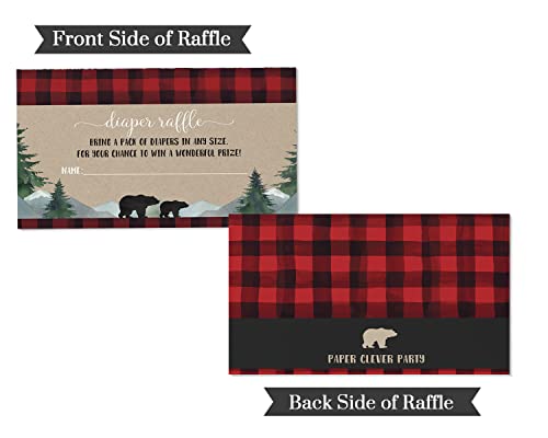Lumberjack Diaper Raffle Insert Cards (Pack of 25) Boys Baby Shower Games - Invitation Insert for Drawings - Rustic Little Woodsy Bear Designs Red and Black Printed Supplies (2 x 4 Size) Paper Clever Party from Paper Clever Party
