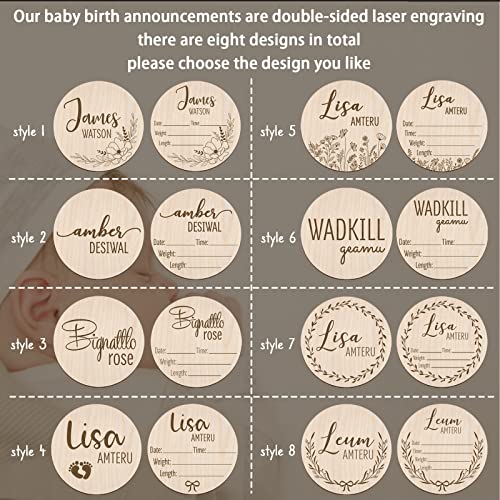 Personalized Birth Announcement Sign Custom Engraved Wooden Newborn Baby Name Announcement Card Round for Newborn Photo Props Hello World Baby Announcement Sign (BAS 04) by Mayyi