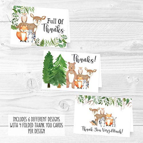 24 Woodland Thank You Cards With Envelopes, Kids or Baby Shower Thank You Note, Rustic Animal Deer or Fox, 4x6 Varied Gratitude Pack For Party, Birthday Boy or Girl Children, Appreciation Stationery from Hadley Designs