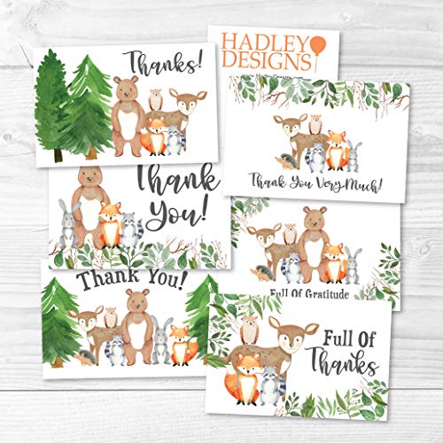 24 Woodland Thank You Cards With Envelopes, Kids or Baby Shower Thank You Note, Rustic Animal Deer or Fox, 4x6 Varied Gratitude Pack For Party, Birthday Boy or Girl Children, Appreciation Stationery from Hadley Designs
