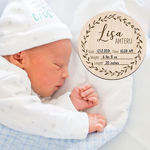 Personalized Birth Announcement Sign Custom Engraved Wooden Newborn Baby Name Announcement Card Round for Newborn Photo Props Hello World Baby Announcement Sign (BAS 04) by Mayyi