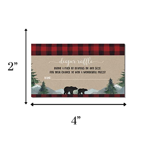 Lumberjack Diaper Raffle Insert Cards (Pack of 25) Boys Baby Shower Games - Invitation Insert for Drawings - Rustic Little Woodsy Bear Designs Red and Black Printed Supplies (2 x 4 Size) Paper Clever Party from Paper Clever Party