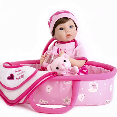 Aori Lifelike Reborn Baby Dolls Pink Bassinet 18 inch Realistic Newborn Girl Doll in Soft Vinly and Weighted Body with 9-Piece Gift Set from Aori