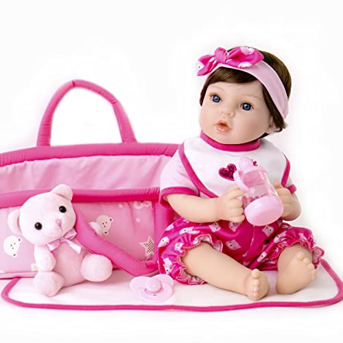Aori Lifelike Reborn Baby Dolls Pink Bassinet 18 inch Realistic Newborn Girl Doll in Soft Vinly and Weighted Body with 9-Piece Gift Set from Aori