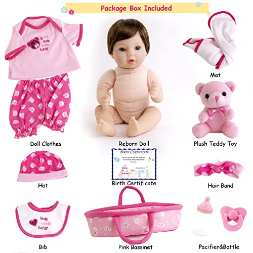 Aori Lifelike Reborn Baby Dolls Pink Bassinet 18 inch Realistic Newborn Girl Doll in Soft Vinly and Weighted Body with 9-Piece Gift Set from Aori