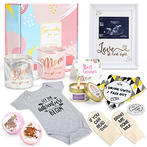 Pregnancy Gifts for New Parents Est 2023,First Time New Mom Gifts for Pregnancy Announcement,Baby Gifts Basket - Mom & Dad Mugs,Decision Coin,Ultrasound Frame,Baby Onesie,Bibs,Socks by YONTINY