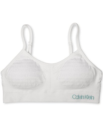 Calvin Klein Girls' Seamless Wirefree Comfort Bralette Bra, X-Large - 14/16, Soft Crop - White with Blue Logo from Calvin Klein