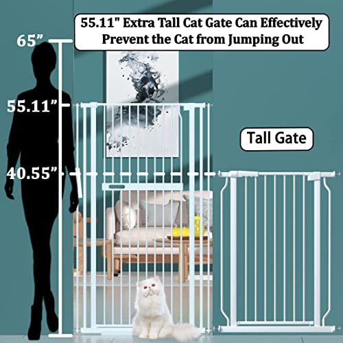 WAOWAO 55.11" Extra Tall Cat Pet Gate Wide Pressure Mounted Walk Through Swing Auto Close Safety White Metal Baby Toddler Kids Child Dog Pet Puppy Cat for Indoor Stairs,Doorways, Kitchen 30.11-66.11" by WAOWAO
