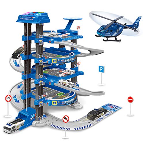 UNIH Kids Garage Toy Set, Toy Vehicle Garage for Toddlers, Race Car Ramp Track Toy, Parking Garage Playset Toy with Play Mat(Blue) by UNIH
