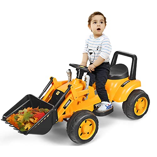 HONEY JOY Ride On Excavator, 6V Battery Powered Wheeled Loader Digger with Working Front Bucket, Forward/Backward, Electric Construction Vehicle for Kids, Ride On Tractor for Boys Girls, Yellow from HONEY JOY