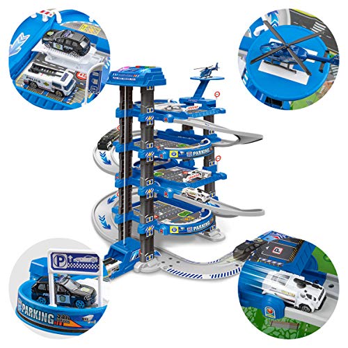 UNIH Kids Garage Toy Set, Toy Vehicle Garage for Toddlers, Race Car Ramp Track Toy, Parking Garage Playset Toy with Play Mat(Blue) by UNIH