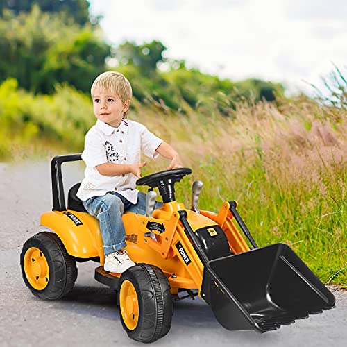 HONEY JOY Ride On Excavator, 6V Battery Powered Wheeled Loader Digger with Working Front Bucket, Forward/Backward, Electric Construction Vehicle for Kids, Ride On Tractor for Boys Girls, Yellow from HONEY JOY