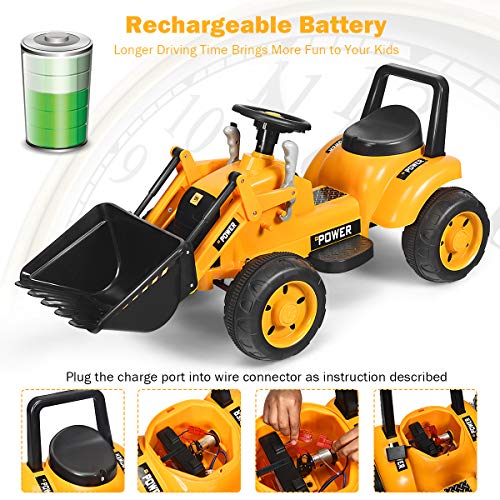 HONEY JOY Ride On Excavator, 6V Battery Powered Wheeled Loader Digger with Working Front Bucket, Forward/Backward, Electric Construction Vehicle for Kids, Ride On Tractor for Boys Girls, Yellow from HONEY JOY