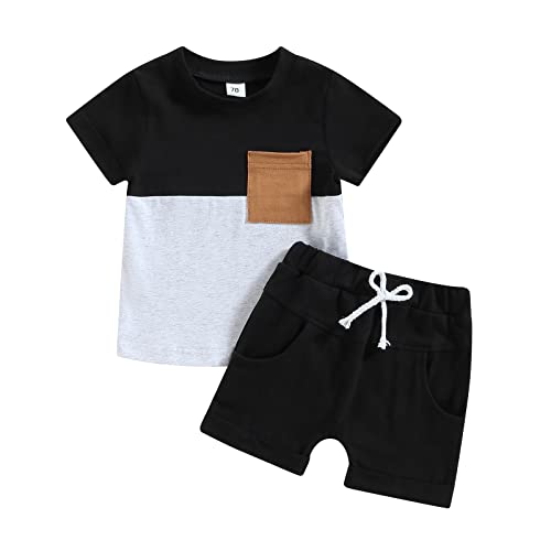 Toddler Baby Boy Summer Clothes Short Sleeve Contrast Color Pocket T-Shirt Tops Solid Color Drawstring Shorts Outfit Set (Black, 12-18 Months) by allshope