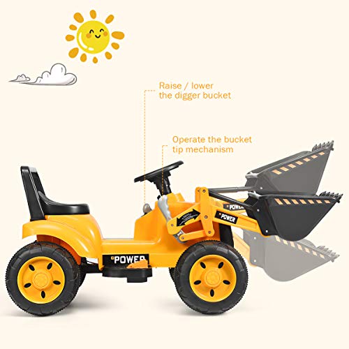 HONEY JOY Ride On Excavator, 6V Battery Powered Wheeled Loader Digger with Working Front Bucket, Forward/Backward, Electric Construction Vehicle for Kids, Ride On Tractor for Boys Girls, Yellow from HONEY JOY