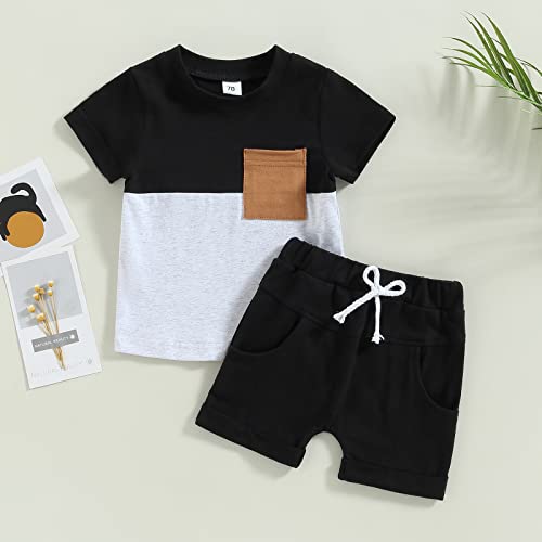 Toddler Baby Boy Summer Clothes Short Sleeve Contrast Color Pocket T-Shirt Tops Solid Color Drawstring Shorts Outfit Set (Black, 12-18 Months) by allshope