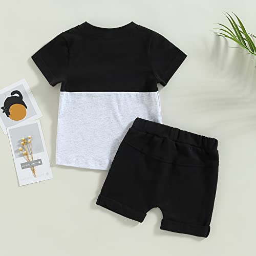 Toddler Baby Boy Summer Clothes Short Sleeve Contrast Color Pocket T-Shirt Tops Solid Color Drawstring Shorts Outfit Set (Black, 12-18 Months) by allshope
