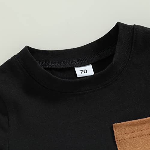 Toddler Baby Boy Summer Clothes Short Sleeve Contrast Color Pocket T-Shirt Tops Solid Color Drawstring Shorts Outfit Set (Black, 12-18 Months) by allshope