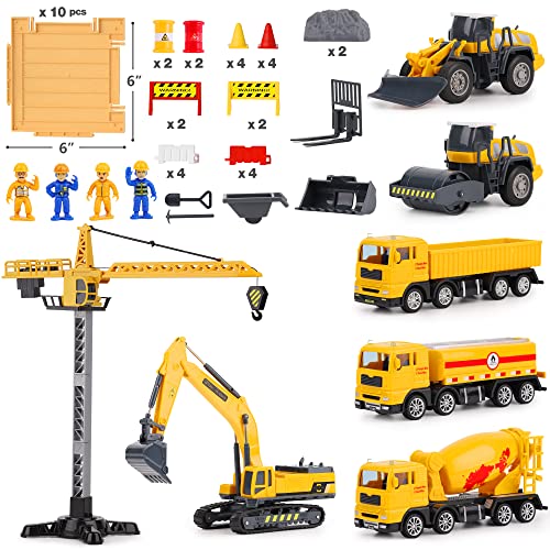iPlay, iLearn Construction Site Vehicles Toy Set, Kids Engineering Playset, Tractor, Digger, Crane, Dump Trucks, Excavator, Cement, Steamroller, Birthday Gift for 3 4 5 Year Old Toddlers Boys Children by iPlay, iLearn