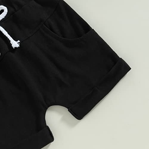 Toddler Baby Boy Summer Clothes Short Sleeve Contrast Color Pocket T-Shirt Tops Solid Color Drawstring Shorts Outfit Set (Black, 12-18 Months) by allshope