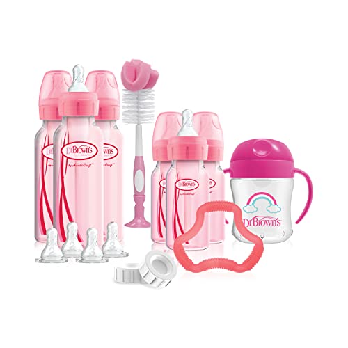 Dr. Brownâs Natural FlowÂ® Anti-Colic Options+â¢ Special Edition Pink Baby Bottle Gift Set with Soft Sippy Spout Transition Cup, Flexeesâ¢ Teether, Bottle Cleaning Brush and Travel Caps by Dr. Brown's