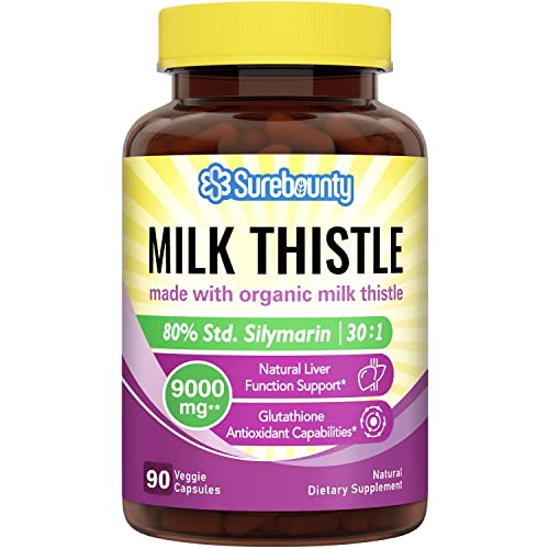 Surebounty Organic Milk Thistle, 9000 mg Equivalent, 30X Concentrated Seed Extract with 80% Silymarin, Liver Cleanse Detox for Men + Women, Glutathione Antioxidant Support, Once Daily, 90 Veggie Caps from Surebounty