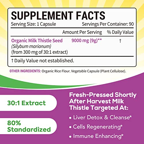 Surebounty Organic Milk Thistle, 9000 mg Equivalent, 30X Concentrated Seed Extract with 80% Silymarin, Liver Cleanse Detox for Men + Women, Glutathione Antioxidant Support, Once Daily, 90 Veggie Caps from Surebounty