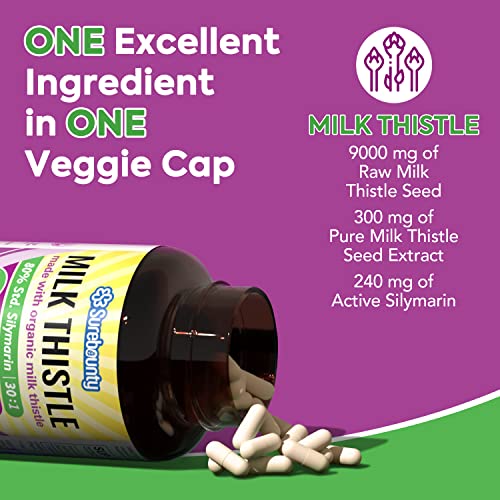 Surebounty Organic Milk Thistle, 9000 mg Equivalent, 30X Concentrated Seed Extract with 80% Silymarin, Liver Cleanse Detox for Men + Women, Glutathione Antioxidant Support, Once Daily, 90 Veggie Caps from Surebounty
