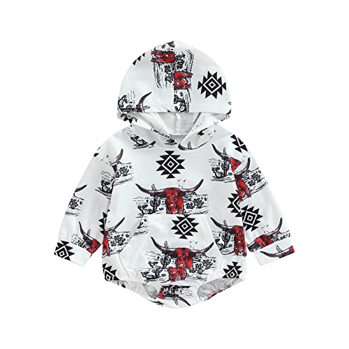 Baby Boy Girl Fall Winter Clothes Cow Print Hooded Sweatshirt Romper Long Sleeve Onesie Shirt Western Outfit (White , 18-24 Months ) from Endorothii