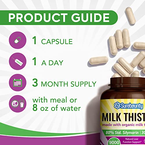 Surebounty Organic Milk Thistle, 9000 mg Equivalent, 30X Concentrated Seed Extract with 80% Silymarin, Liver Cleanse Detox for Men + Women, Glutathione Antioxidant Support, Once Daily, 90 Veggie Caps from Surebounty