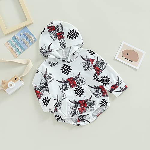 Baby Boy Girl Fall Winter Clothes Cow Print Hooded Sweatshirt Romper Long Sleeve Onesie Shirt Western Outfit (White , 18-24 Months ) from Endorothii