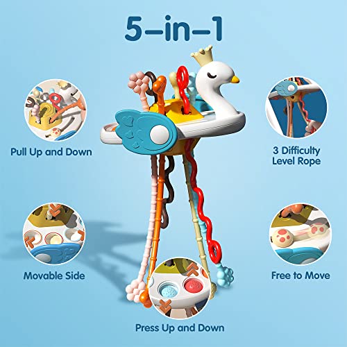 Montessori Toys for 1 2 3 Year Old, DaDaworld Baby Sensory Toys for Toddlers, Swan Shape Toddler Travel Toys, Pull String Activity Toy Food Grade Silicone Teething Toys, for Boys & Girls by DaDaworld