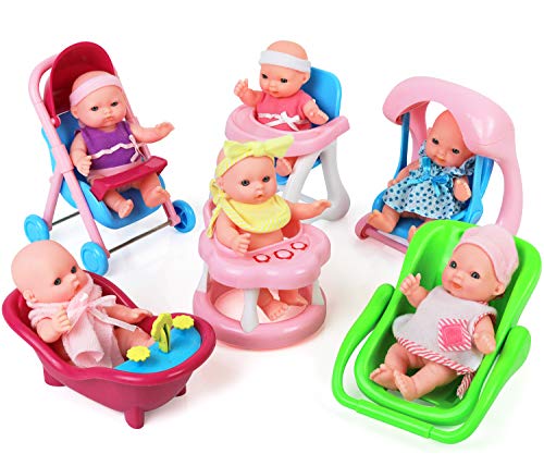 Click N' Play Set of 6 Mini 5" Baby Girl Dolls with Accessories, Stroller, High Chair, Bathtub, Infant Seat, Swing, Walker from Click N' Play