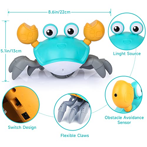 PintreeLand Crawling Crab Baby Toys with Music & Light, Tummy Time Interactive Toddler Toy Automatically Avoid Obstacles for Boys or Girls (Blue) from PintreeLand