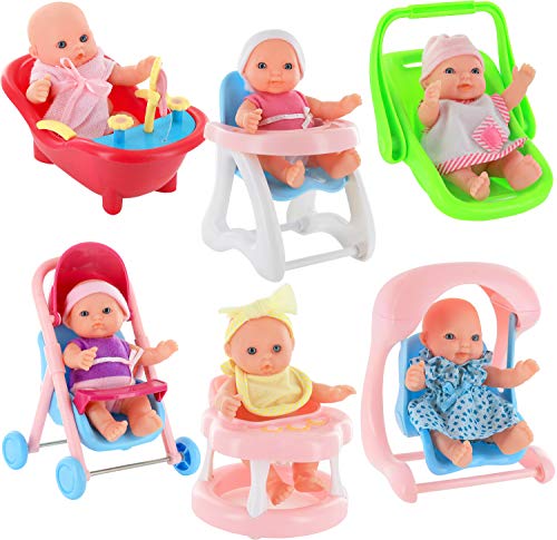 Click N' Play Set of 6 Mini 5" Baby Girl Dolls with Accessories, Stroller, High Chair, Bathtub, Infant Seat, Swing, Walker from Click N' Play