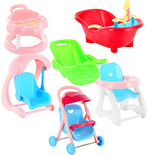 Click N' Play Set of 6 Mini 5" Baby Girl Dolls with Accessories, Stroller, High Chair, Bathtub, Infant Seat, Swing, Walker from Click N' Play
