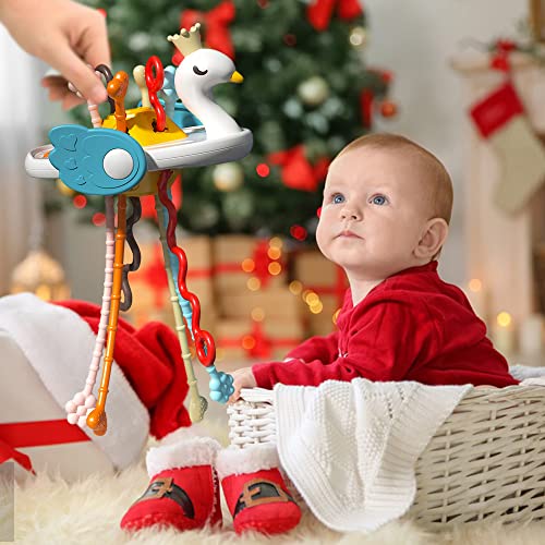 Montessori Toys for 1 2 3 Year Old, DaDaworld Baby Sensory Toys for Toddlers, Swan Shape Toddler Travel Toys, Pull String Activity Toy Food Grade Silicone Teething Toys, for Boys & Girls by DaDaworld