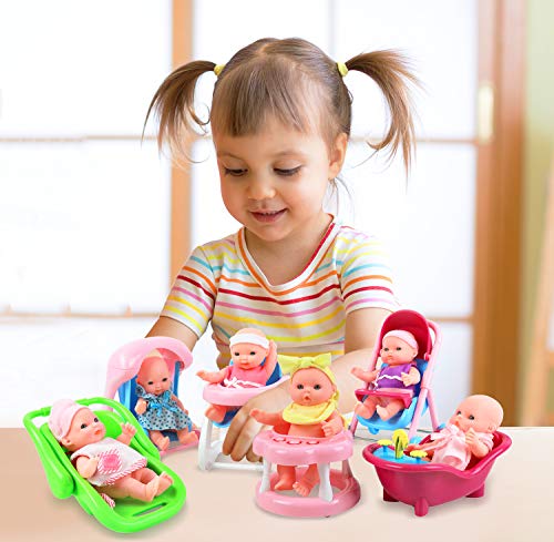 Click N' Play Set of 6 Mini 5" Baby Girl Dolls with Accessories, Stroller, High Chair, Bathtub, Infant Seat, Swing, Walker from Click N' Play