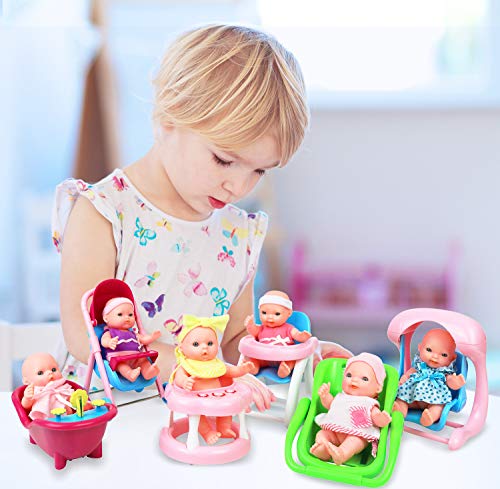 Click N' Play Set of 6 Mini 5" Baby Girl Dolls with Accessories, Stroller, High Chair, Bathtub, Infant Seat, Swing, Walker from Click N' Play
