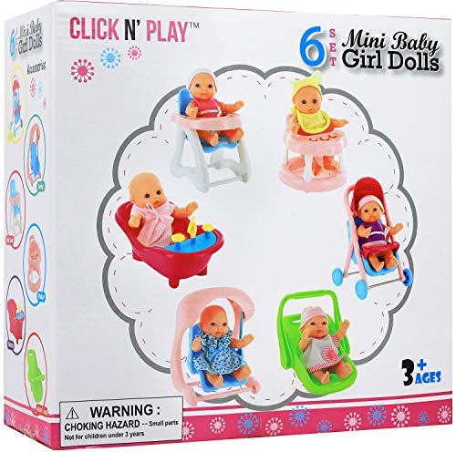 Click N' Play Set of 6 Mini 5" Baby Girl Dolls with Accessories, Stroller, High Chair, Bathtub, Infant Seat, Swing, Walker from Click N' Play